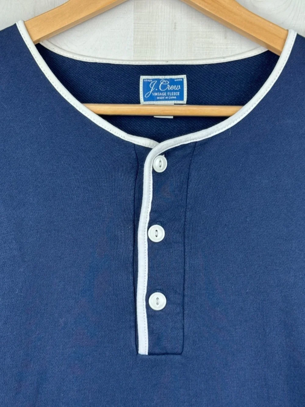 J Crew Vintage Fleece Men’s Short Sleeve Henley Navy Blue White Piped Large Tall